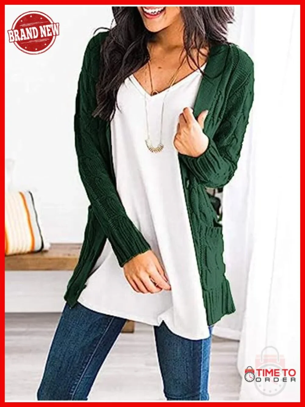 Chunky Cable Knit Cardigan Open Front Button Down Long Sleeve Coatigan with